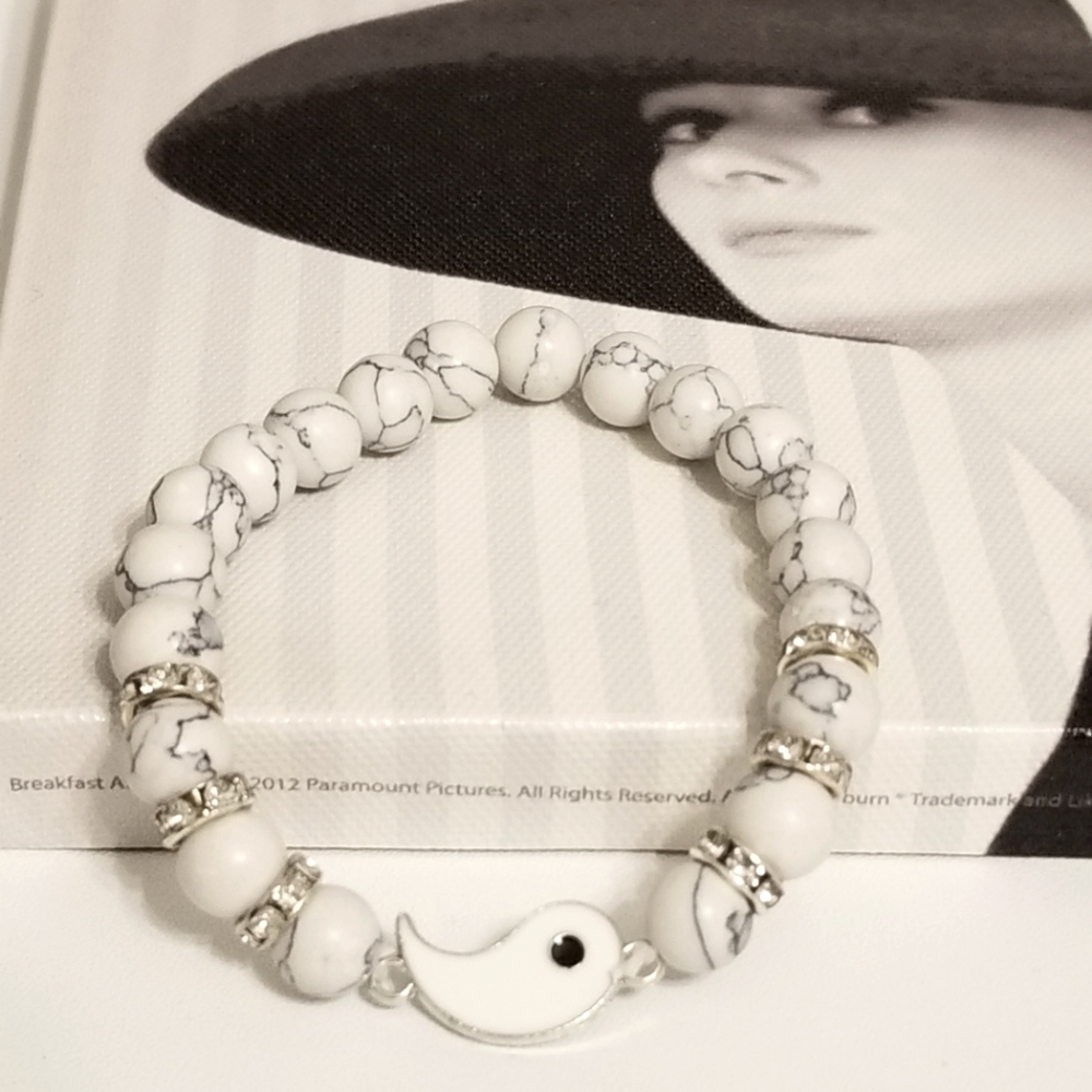 Beaded White Marble Ying Yang charm Bracelet New
